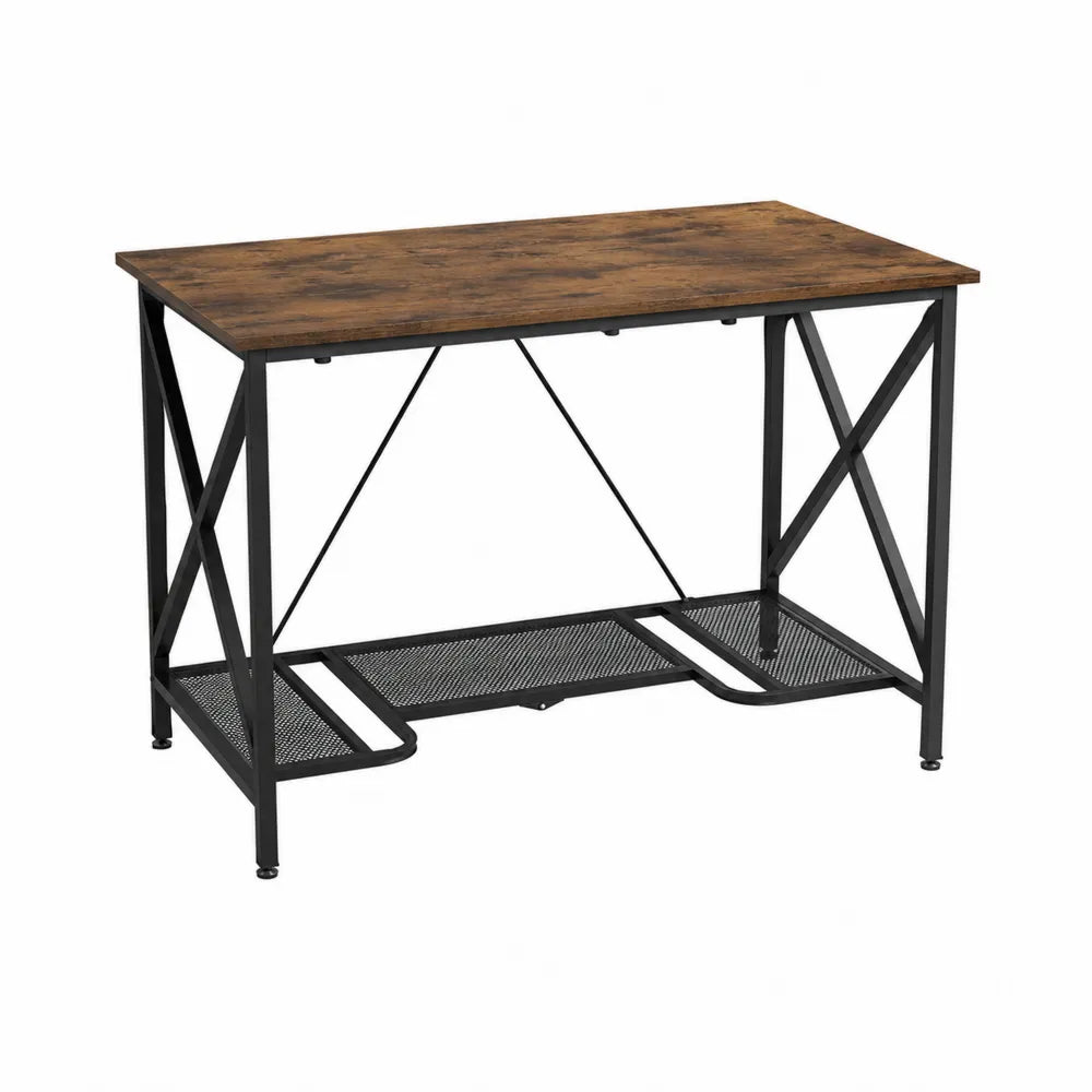 Rectangular MDF and Metal Desk with Mesh Shelves in Rustic Brown and Black 120cm x 60cm x 75cm