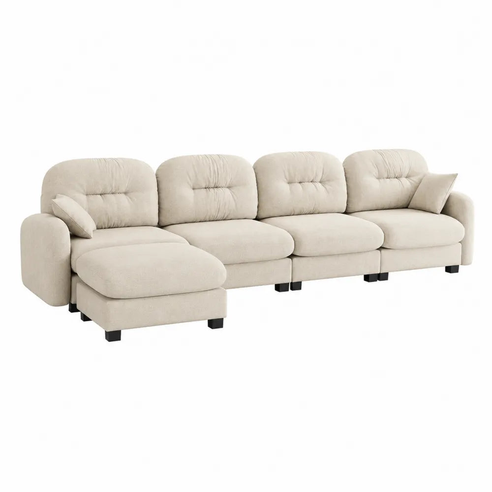 Fabric Sectional Sofa L-Shaped Beige 4-Seater with Ottoman