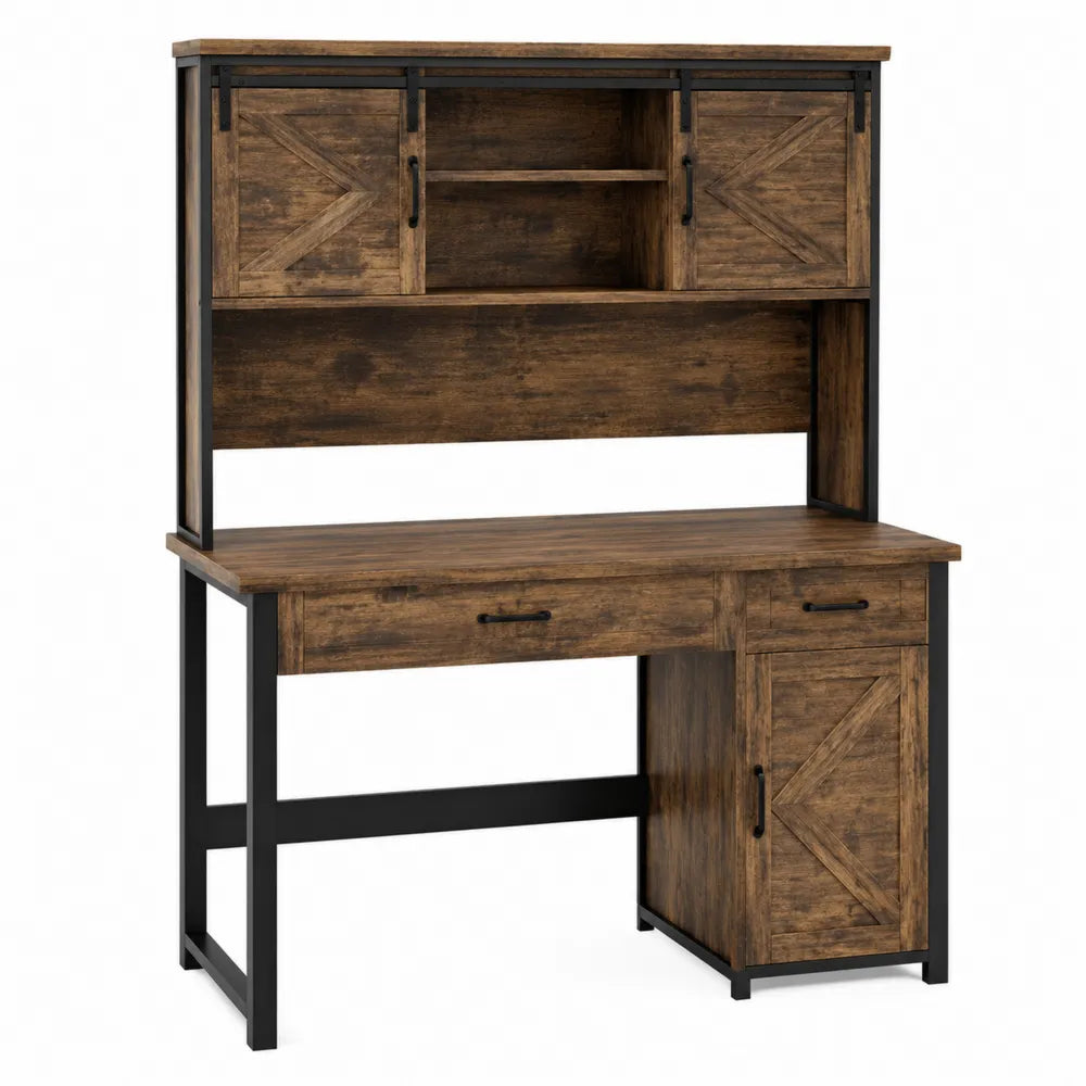 Wood and Metal Desk with Hutch Brown 120cm x 55cm x 160cm
