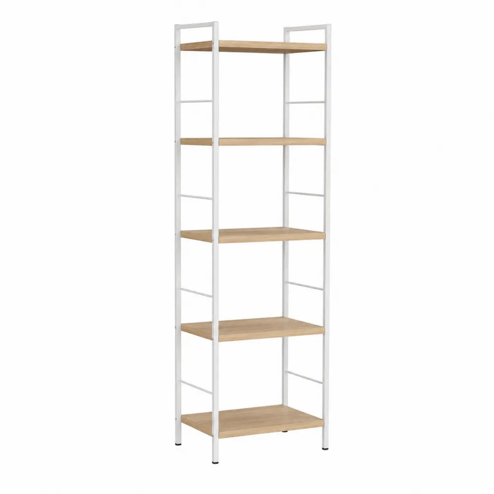 Tall 5-Tier Metal and Oak Bookshelf White Frame 180cm