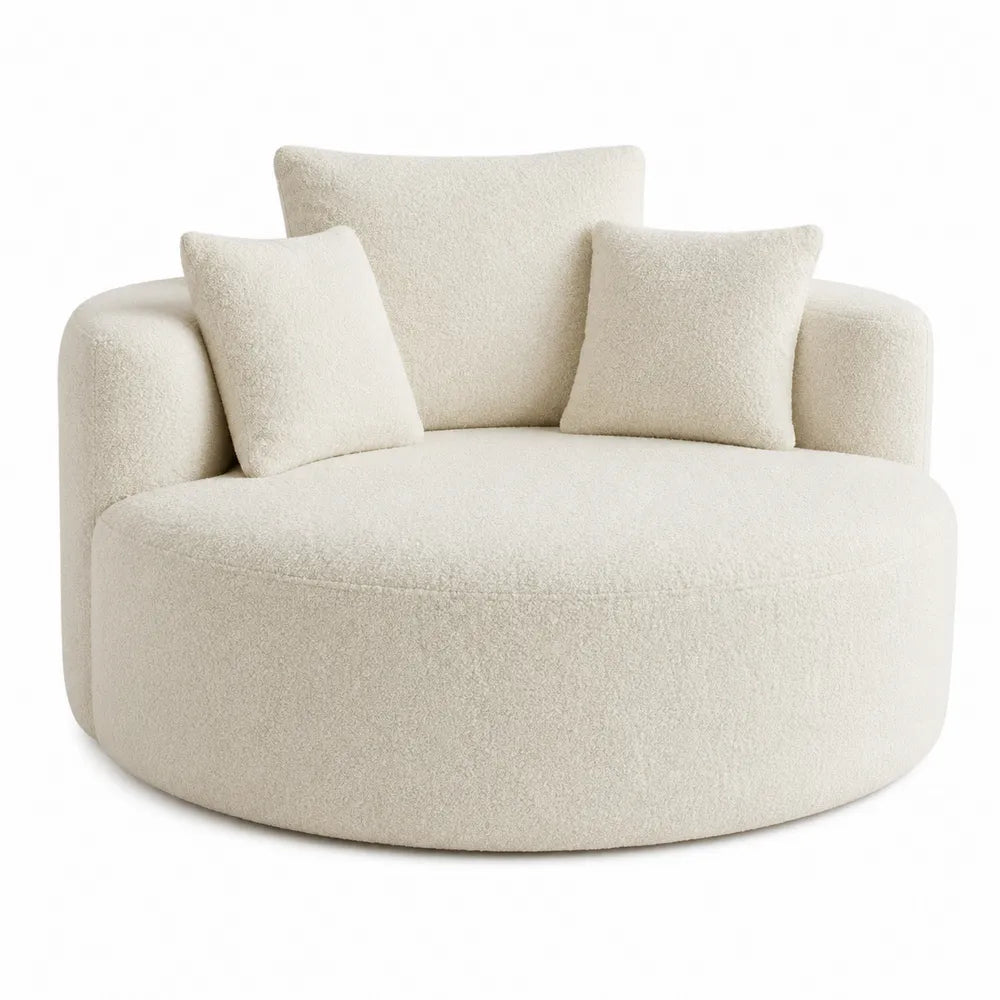 Round Bouclé Fabric Loveseat Sofa Cream 120cm Diameter