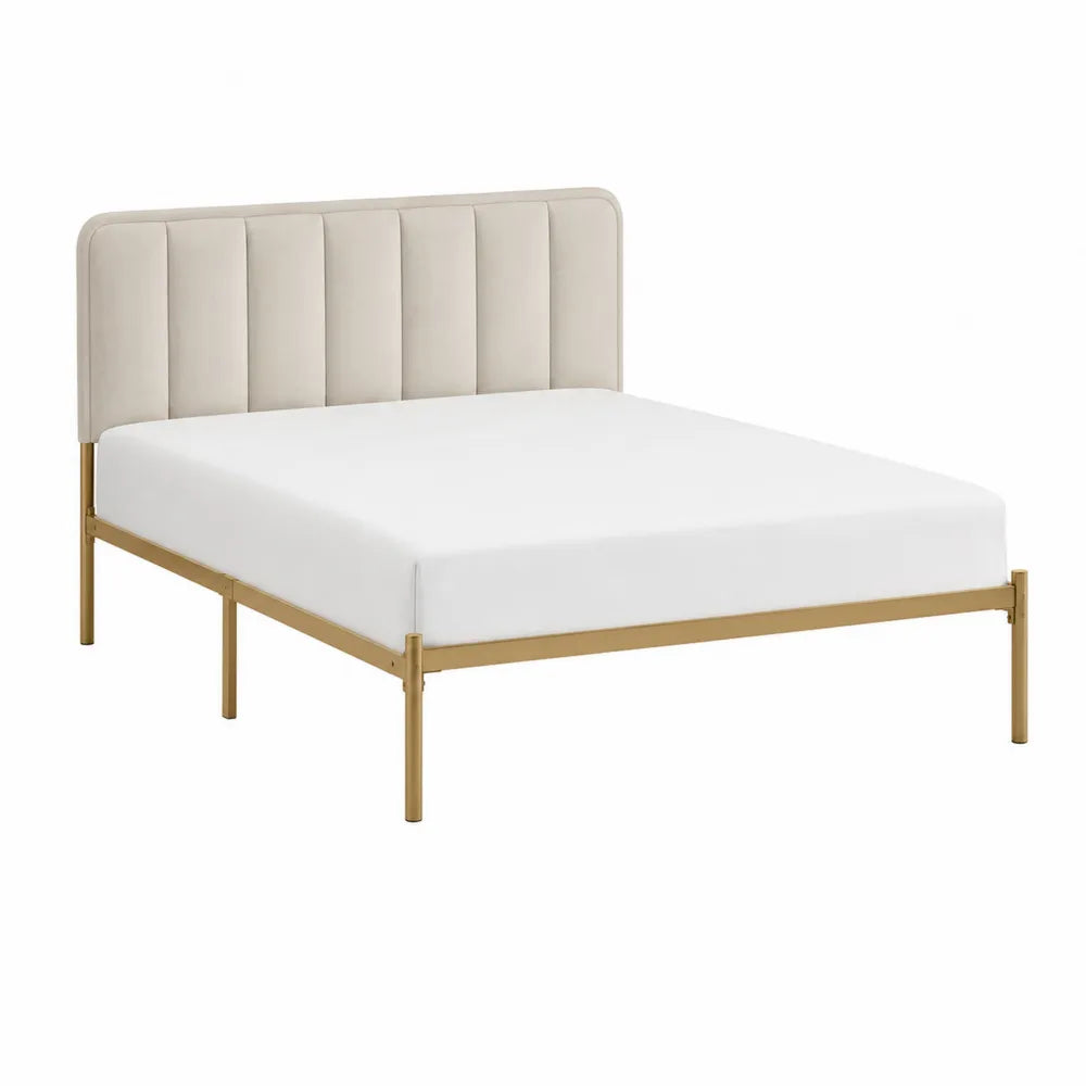 Velvet Upholstered Platform Bed with Metal Frame Beige 82.7in x 59.1in x 37.4in