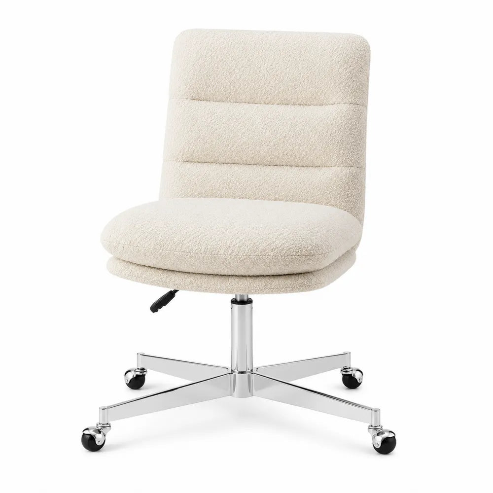Swivel Office Chair with Chrome Base and Bouclé Fabric in Beige