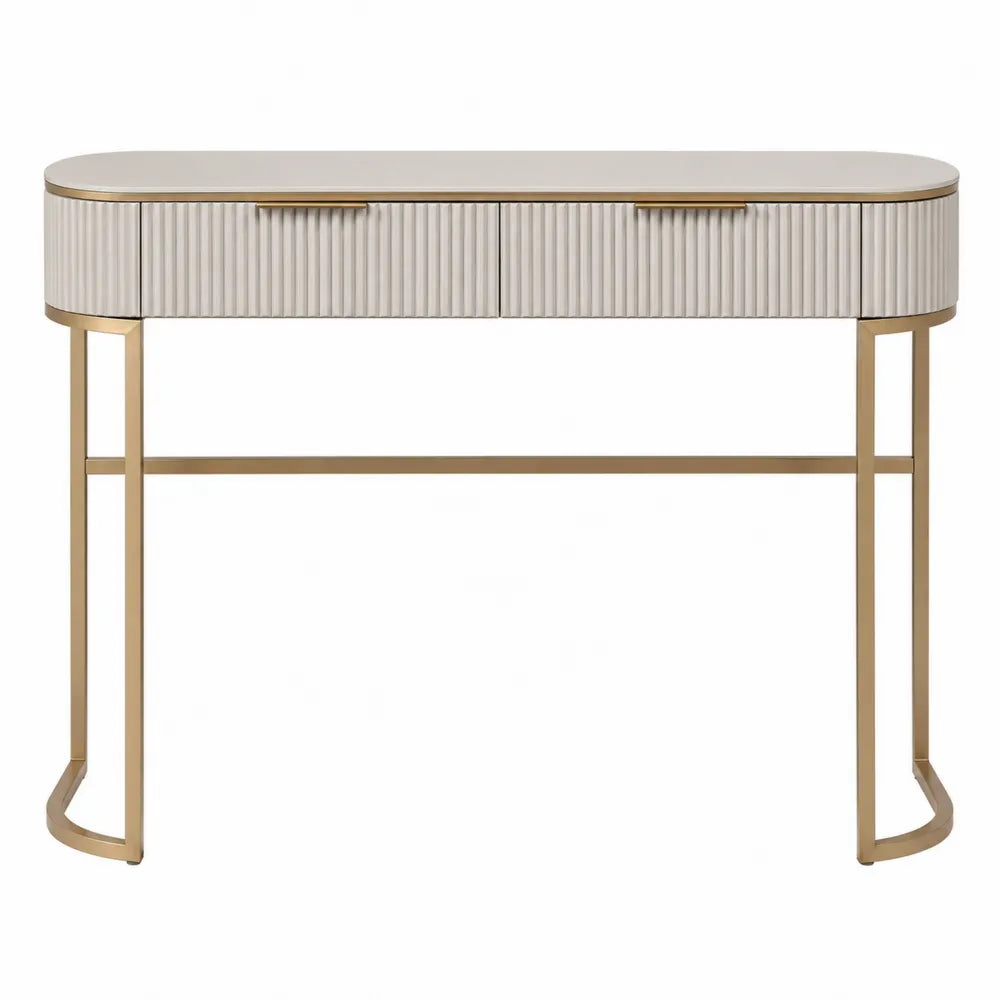 Oval Vanity Table with Engineered Wood and Steel Legs, White and Gold, 120cm