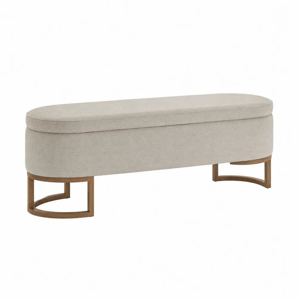 Wood and Linen Oval Bench Beige 55 inch