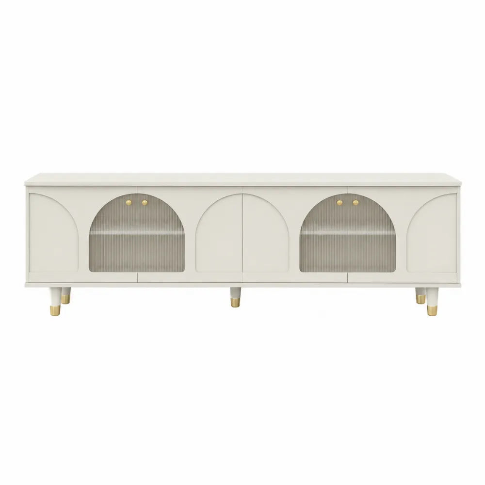 White Wood TV Stand with Fluted Glass Doors 180cm