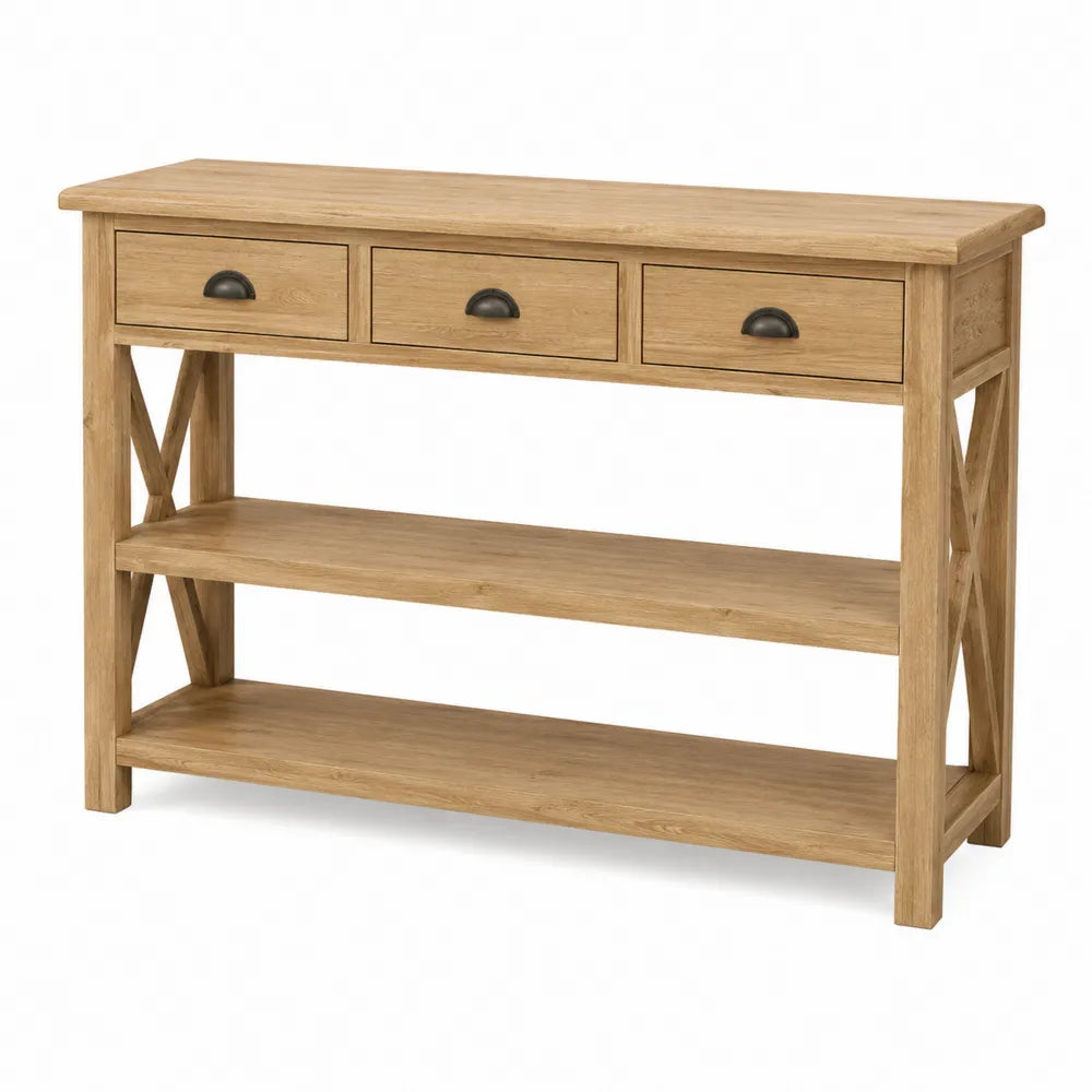Oak Wood Console Table with Drawers and Shelves 120x30x80cm