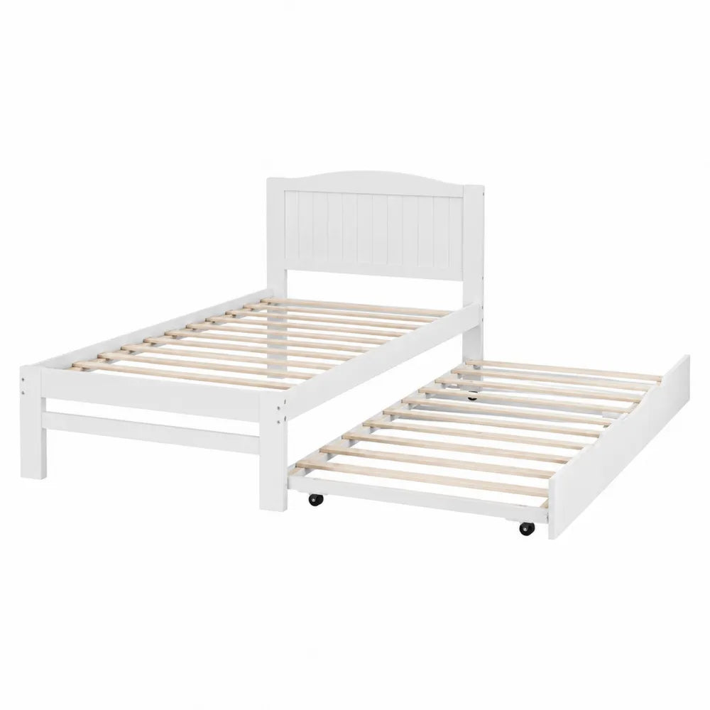 Wooden Twin Bed Frame with Pull-Out Trundle White