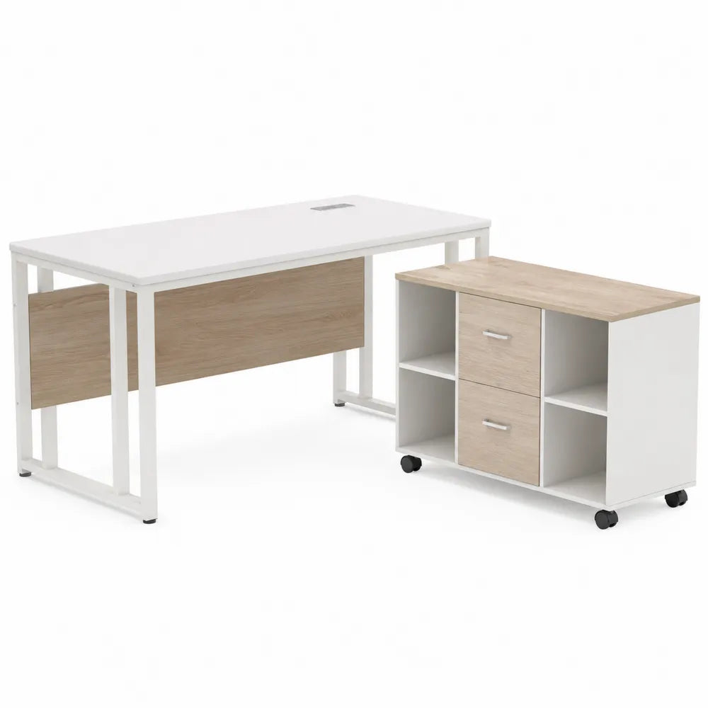Wood and Steel Office Desk with Rolling Cabinet