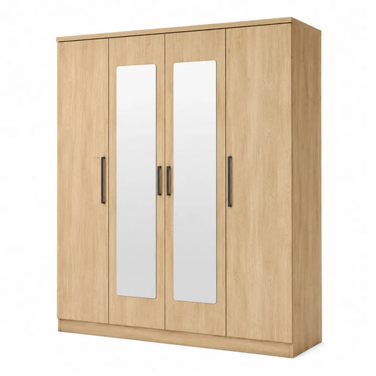 4-Door Wardrobe with Mirrors Oak Wood Finish