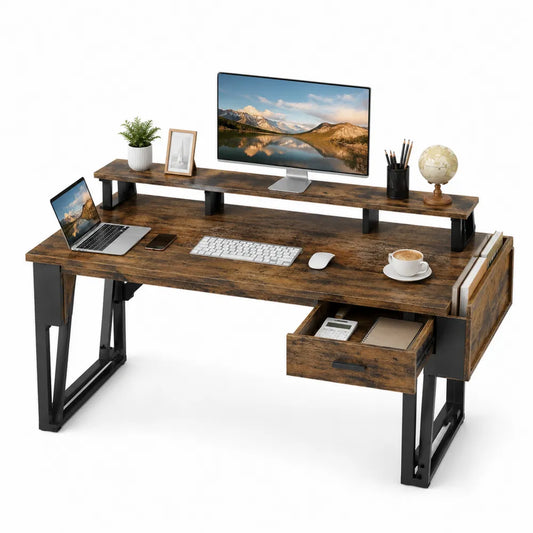 Engineered Wood and Steel Desk with Shelf and Drawer 140cm x 60cm x 75cm