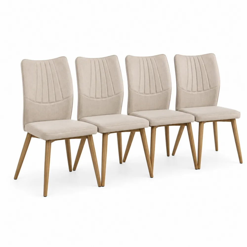 Set of 4 Beige Fabric Upholstered Dining Chairs with Wooden Frame