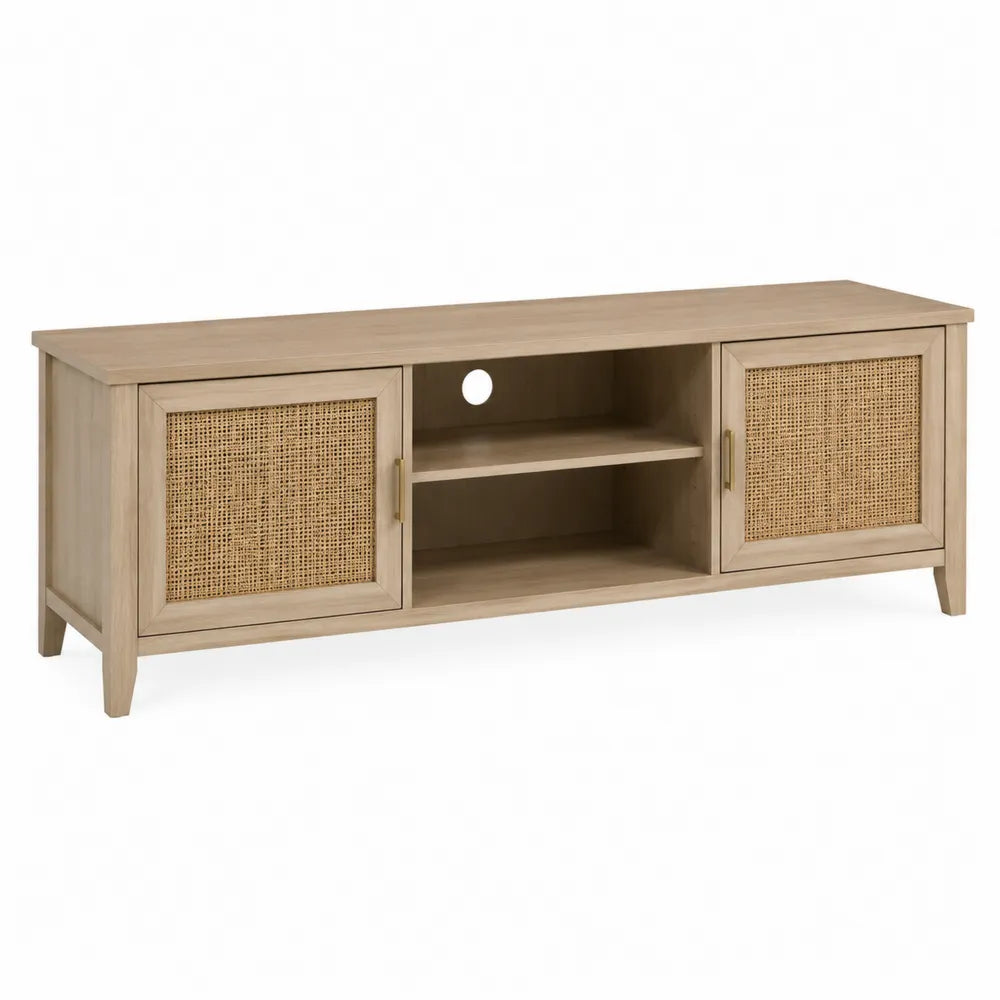 Wood TV Stand with Rattan Doors and MDF Shelves 60in Beige