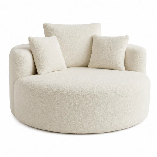 Round Bouclé Fabric Loveseat Sofa Cream 120cm Diameter