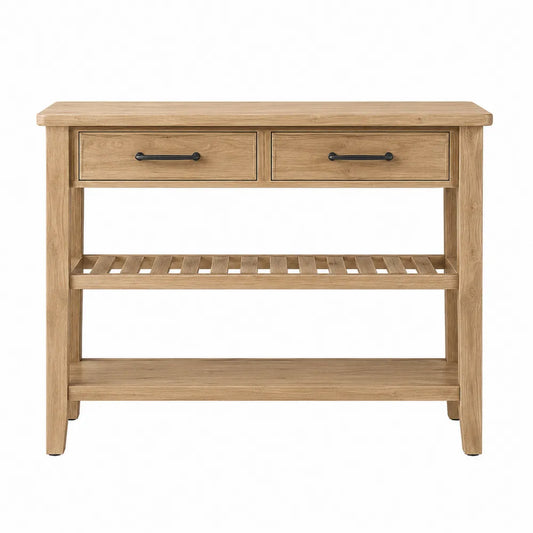 Rectangular Solid Oak Console Table with Drawers and Shelf 120cm