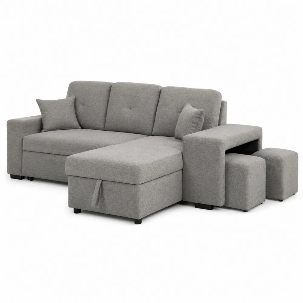 Grey Fabric L-Shaped Sectional Sofa with Ottoman and Nesting Tables