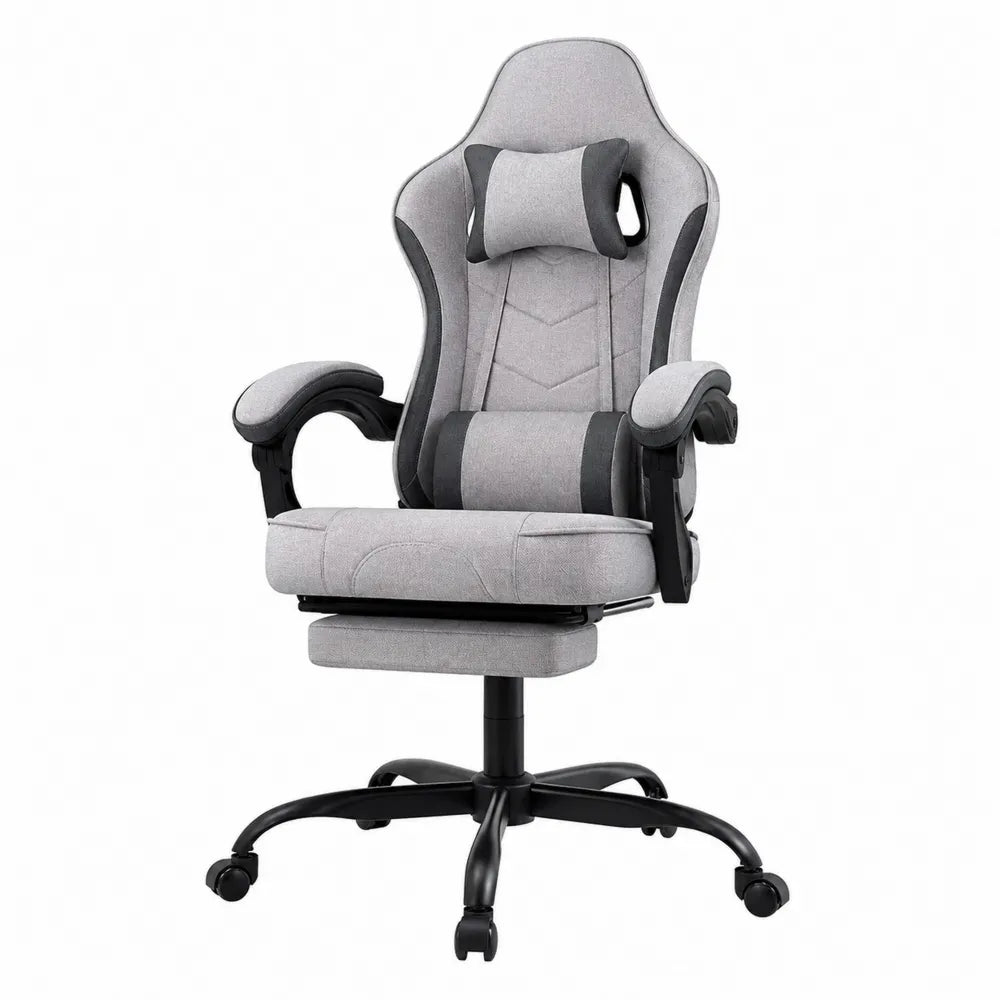 Fabric Gaming Chair with Lumbar Support and Adjustable Footrest, Grey and Black