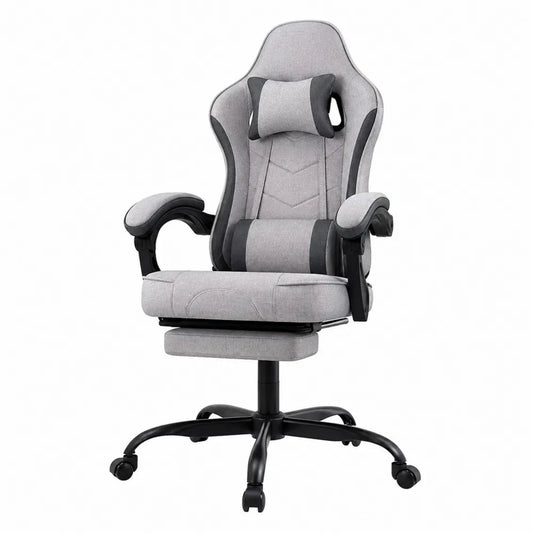 Fabric Gaming Chair with Lumbar Support and Adjustable Footrest, Grey and Black