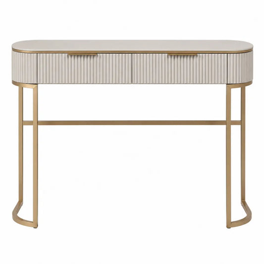 Oval Vanity Table with Engineered Wood and Steel Legs, White and Gold, 120cm