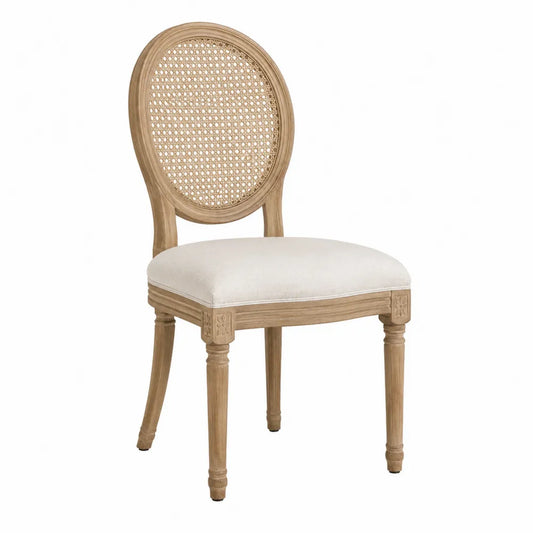 Wood Oval Back Dining Chair with Rattan Back and Beige Fabric Upholstery