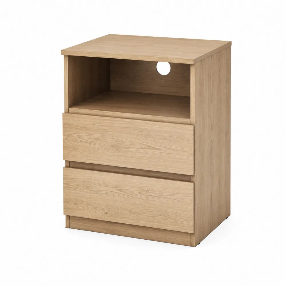 Wooden Nightstand with Two Drawers and Cable Management Hole 60cm Height