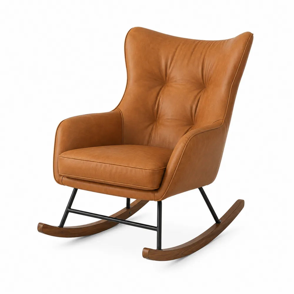 Brown Faux Leather Wingback Rocking Chair with Metal and Wood Base