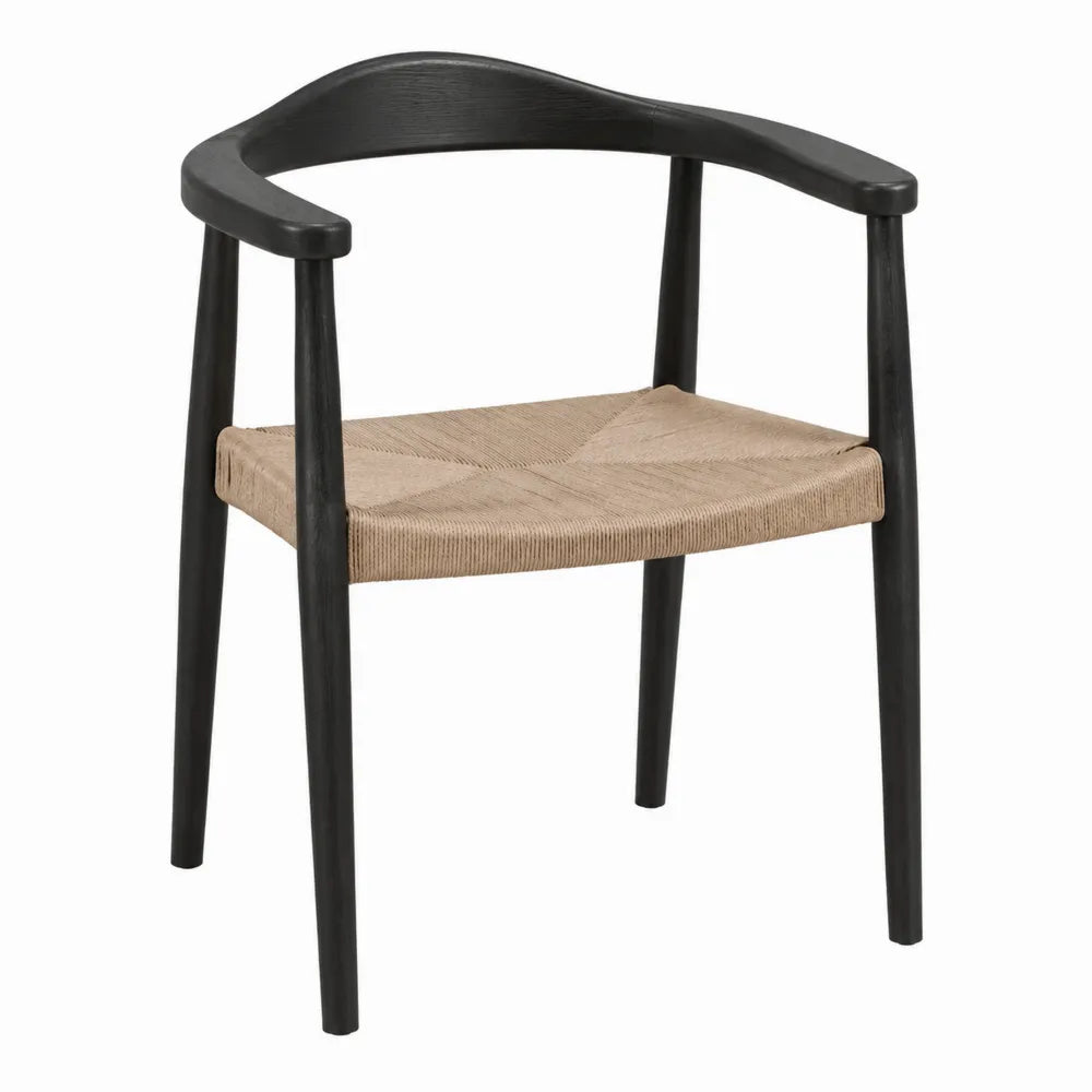 Wood Armchair with Woven Seat, Black and Beige 60x55x75 cm