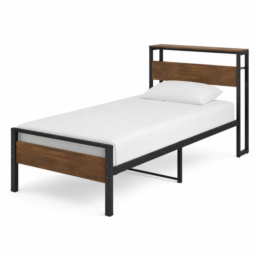 Single Bed Frame Metal and MDF Black Brown 200cm x 100cm
