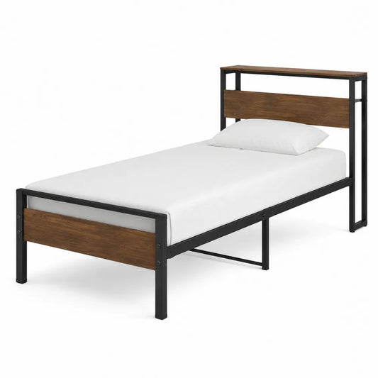 Single Bed Frame Metal and MDF Black Brown 200cm x 100cm