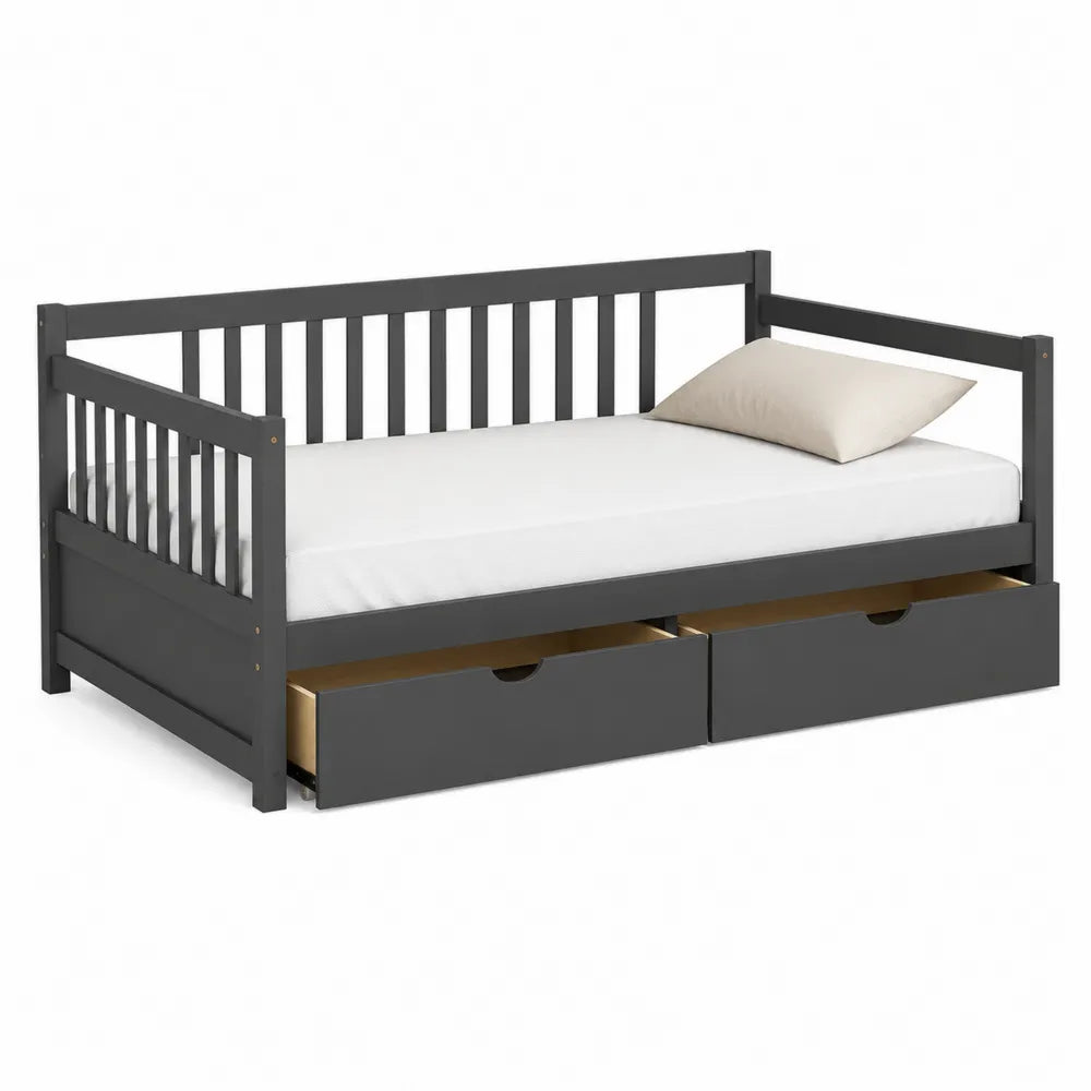 Gray Wooden Daybed with Storage Drawers and Mattress
