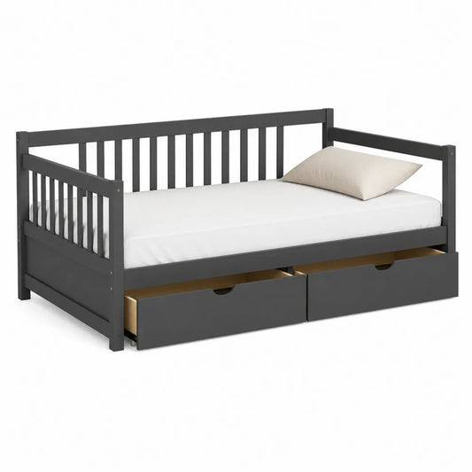 Gray Wooden Daybed with Storage Drawers and Mattress