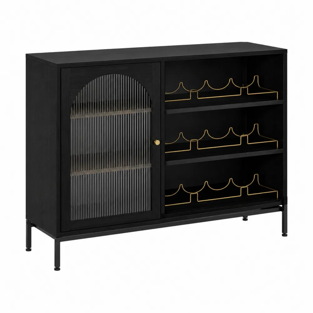 Black Glass-Door Sideboard with Metal Wine Rack