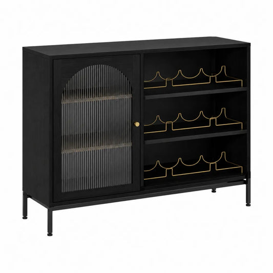 Black Glass-Door Sideboard with Metal Wine Rack