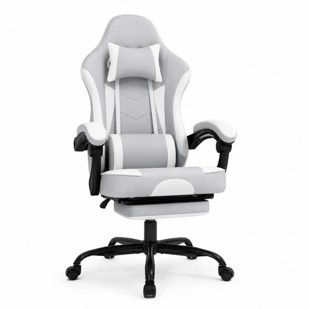 Ergonomic Gaming Chair with PU Leather, Gray and White