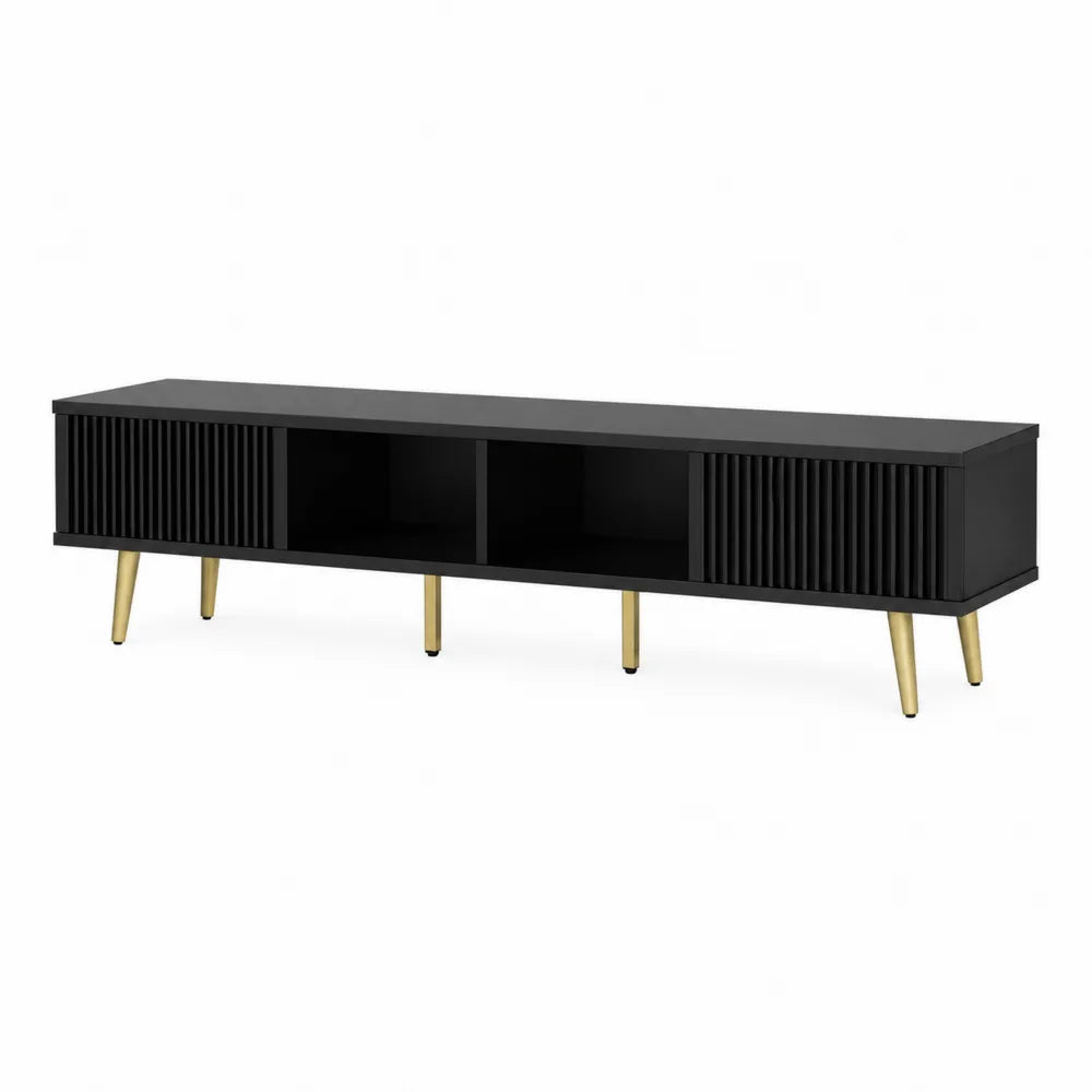 Black Wood TV Stand with Open Shelves and Gold Metal Legs 180cm