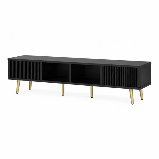 Black Wood TV Stand with Open Shelves and Gold Metal Legs 180cm