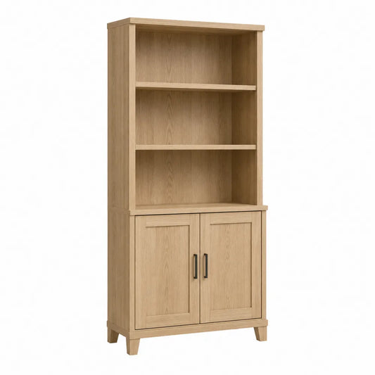 Wooden Bookcase with Shelves and Cabinet Natural Oak 180cm x 80cm x 30cm