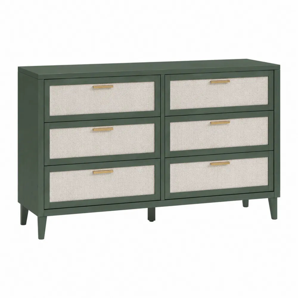 Six-Drawer Dresser with Green Wood and Beige Fabric