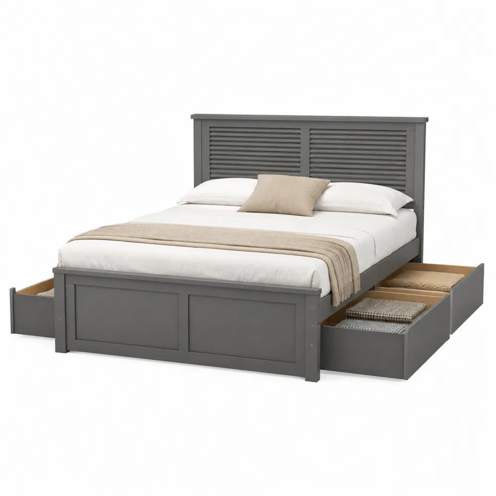 Queen Size Wooden Storage Bed with Louvered Headboard and Drawers Gray