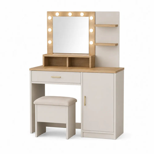 Vanity Set with Mirror and LED Lights MDF and Wood Beige/Light Wood