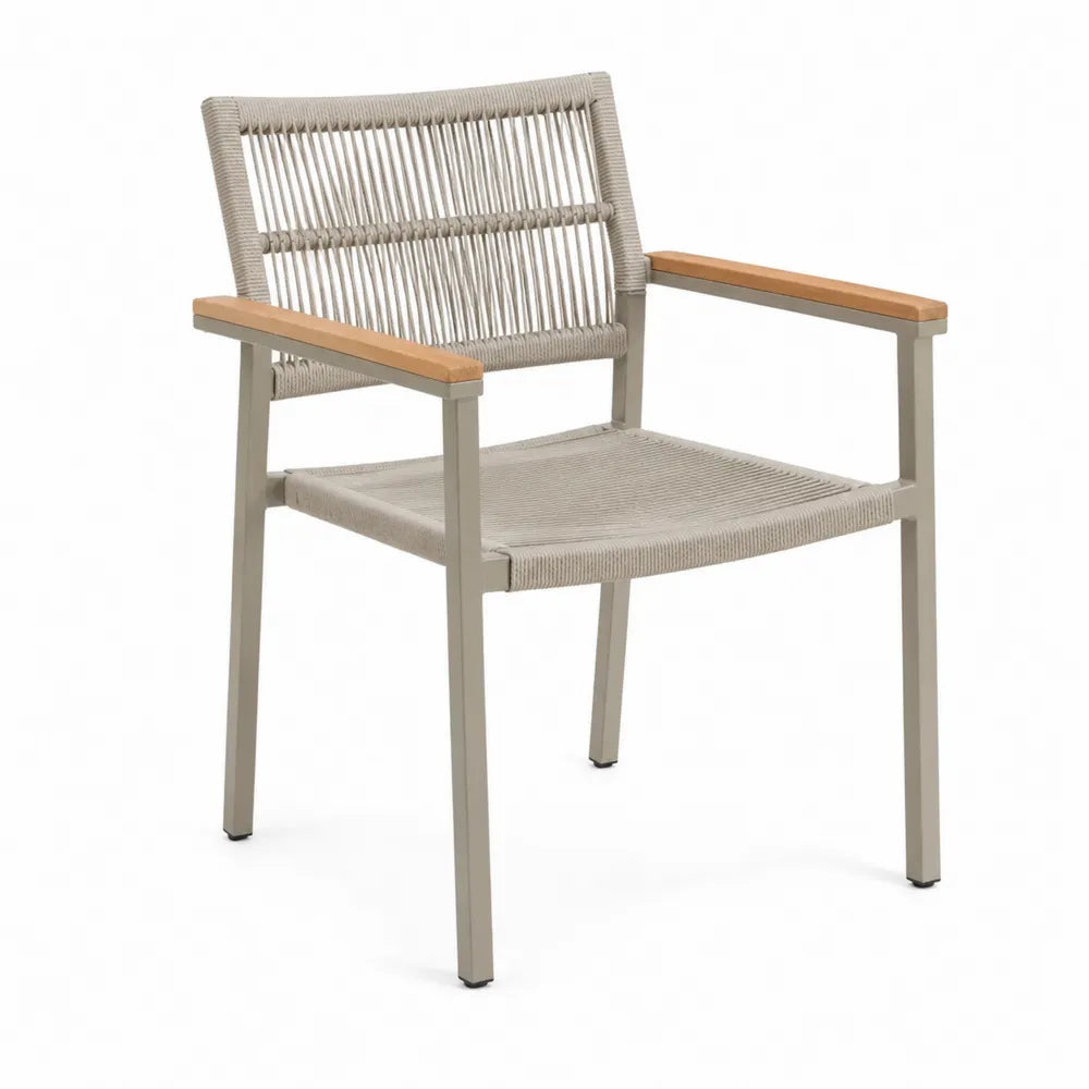 Metal Frame Outdoor Armchair with Polyester Rope and Wood Accents Beige 55cm x 60cm x 85cm
