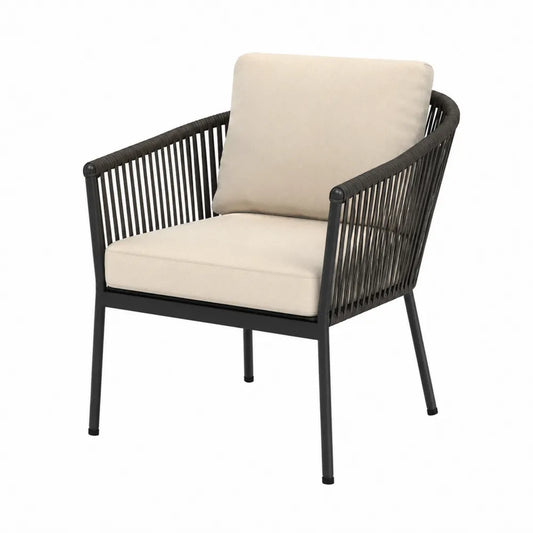 Outdoor Armchair with Black Metal Frame and Beige Cushions