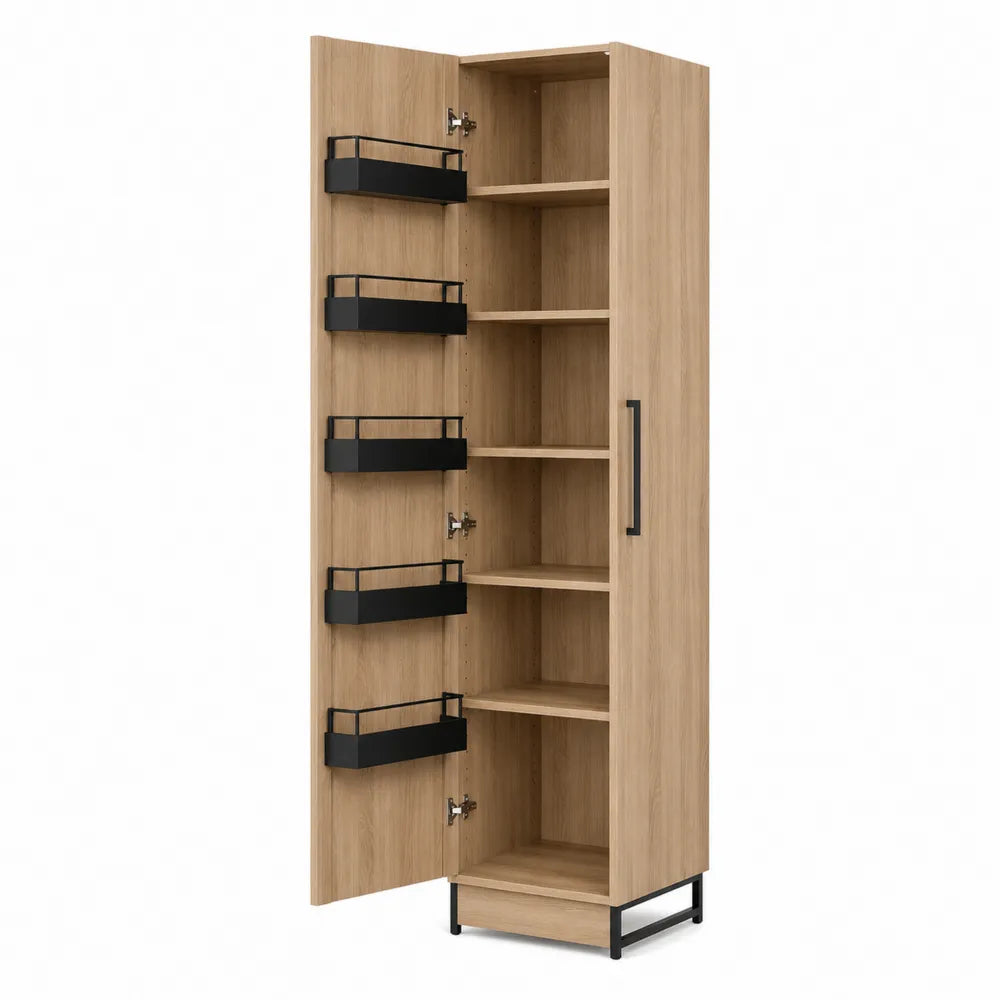 Oak Cabinet with Black Metal Accents
