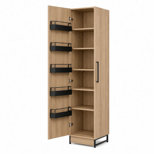 Oak Cabinet with Black Metal Accents