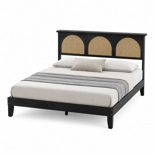 Queen Bed Frame with Wood and Cane Headboard Black Natural