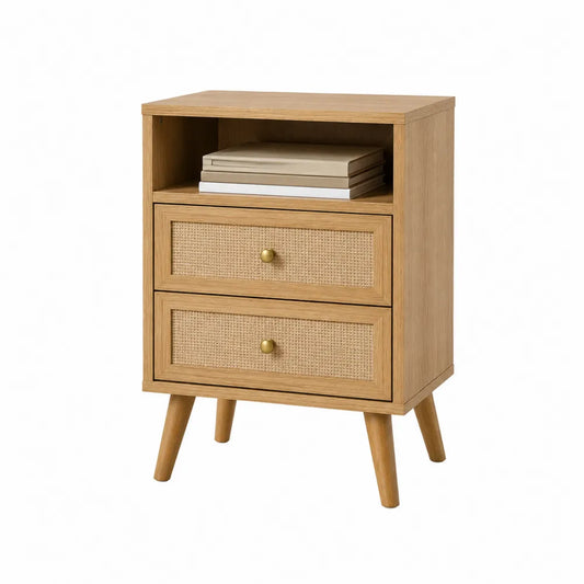 2-Drawer Wooden Nightstand with Rattan Fronts and Open Shelf