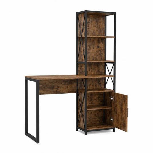 Industrial L-Shaped Desk with Bookshelf and Cabinet Brown Particle Board and Black Steel