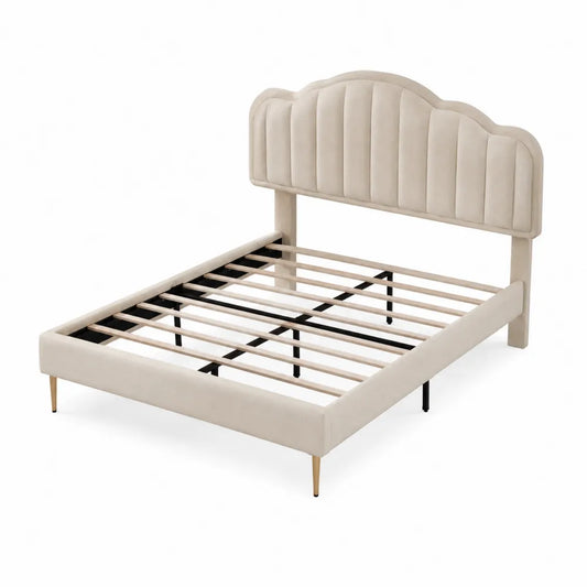 Velvet Upholstered Platform Bed with Cloud-Shaped Headboard