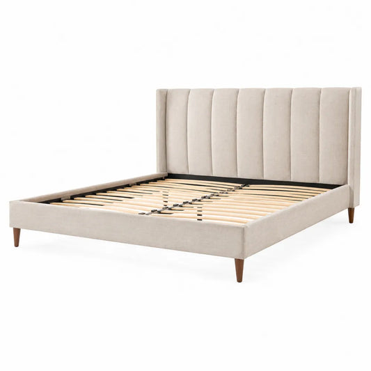 Queen Wood Frame Upholstered Platform Bed with Fabric Headboard, Beige