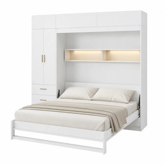 White Wood Queen Wall Bed with Storage Cabinet
